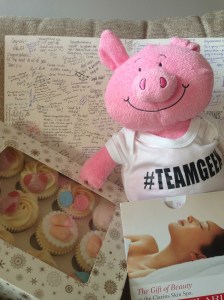 Leaving gifts from work: spa treat, cupcakes, teddy and babygro :)