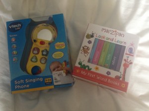 Toy and books from mummy's friend Carys - she also gave us a bag of nappies, accessories etc that her twins had grown out of :)