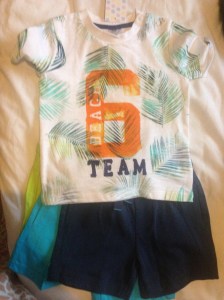 Tesco t-shirt, pack of 3 shorts from Mothercare (£8)